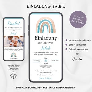 Digitale Einladung Taufe Regenbogen, personalisierbare Einladungskarte Taufe Jungen, Taufeinladung Regenbogen Baby WhatsApp, Vorlage Canva