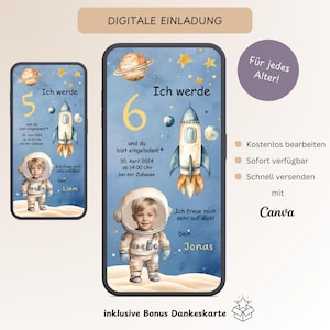 Einladung Kindergeburtstag Rakete & Astronaut, Personalisierbare digitale Einladungskarte mit Foto, E-Card Geburtstag WhatsApp Vorlage Canva