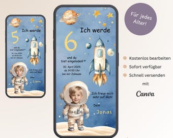 May include: Digital invitation template for a birthday party with a space theme. The template features a rocket ship, stars, and planets on a blue background. The text "I will be 6" is displayed in yellow. The template is customizable with a photo of the birthday child and the date and time of the party.