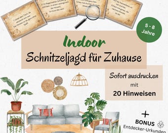 Indoor scavenger hunt for children 5-8 years, indoor treasure hunt for children's birthdays to print out, treasure hunt tasks PDF Download