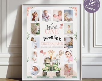 Milestone board 1st birthday birthday poster Wild One Baby milestone poster girl, poster milestone board safari lion template Canva
