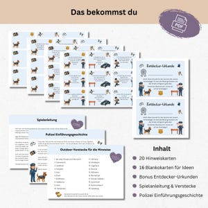 K&ouml;nnte beinhalten: Ein Satz gedruckter Karten und Dokumente mit Illustrationen eines Polizisten und eines Hundes sowie Text auf Deutsch. Das Set enth&auml;lt Hinweiskarten, leere Karten und Zertifikate. Der Titel "Das bekommst du" steht oben.