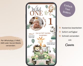 Wild One Children&#39;s Birthday Invitation with Photo, Personalizable Digital Invitation Card 1st Birthday, E-Card WhatsApp Safari Template Canva