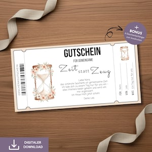 Puede incluir: Un vale de regalo blanco con texto negro y un diseño de reloj de arena en acuarela. El vale dice "GUTSCHEIN" y "Zeit statt Zeug" con texto adicional en alemán. Incluye una bonificación de 6 etiquetas de regalo imprimibles. Descarga digital.