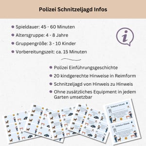 K&ouml;nnte beinhalten: Ein Bild mit dem Text "Polizei Schnitzeljagd Infos", das eine Schnitzeljagd f&uuml;r Kinder beschreibt. Enth&auml;lt Informationen zu Dauer, Altersgruppe, Gruppengr&ouml;&szlig;e und Vorbereitungszeit. Zeigt auch gedruckte Karten mit Illustrationen.