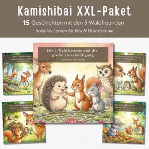 May include: A set of children's storybooks with vibrant illustrations. The central image showcases forest animals like a deer, hedgehog, squirrel, mouse, and owl. The text on the books reads "Kamishibai XXL-Paket" and "15 Geschichten mit den 5 Waldfreunden".