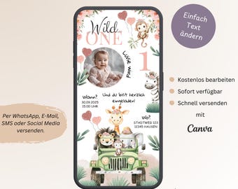 Wild One Birthday Invitation for Girls, Personalized Digital Invitation Card for 1st Birthday, E-Card, WhatsApp Photo, Canva Template