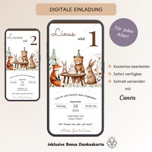 Invitation numérique pour anniversaire d'enfant animaux de la forêt, carte d'invitation personnalisable 1er anniversaire, e-carte WhatsApp renard ours lapin modèle Canva