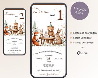 Invitación digital para una fiesta de cumpleaños infantil con animales del bosque, tarjeta de invitación personalizada para un primer cumpleaños, tarjeta electrónica para WhatsApp con zorro, oso y conejo (plantilla de Canva).