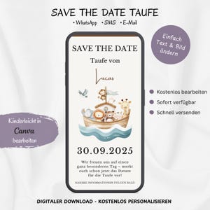 Digitale Save The Date Doop Uitnodiging, Aankondiging Uitnodiging Doop WhatsApp, Personaliseerbare E-Card Doop Mobiel Noach's Ark, Sjabloon Canva