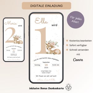 Invitation numérique pour anniversaire enfant cerf 1-10 ans, carte d'invitation personnalisable 1er anniversaire pastel, e-carte WhatsApp, modèle Canva