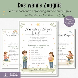 Puede incluir: Descarga digital de un certificado imprimible con el texto "Tu verdadero boletín" en alemán. El certificado presenta ilustraciones de niños, arcoíris y estrellas. El texto está en alemán e incluye frases de ánimo.