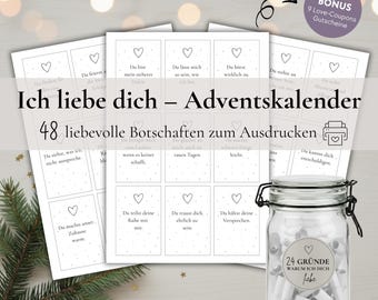Calendario de Adviento Te amo en un vaso, mensajes de calendario de Adviento DIY para imprimir, descarga en PDF, conjunto de calendario navideño para hombres y mujeres