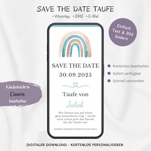 Digitale Save The Date Taufe Jungen, Ankündigung Einladung Taufe Regenbogen, Personalisierbare E-Card Taufe WhatsApp Blau, Vorlage Canva