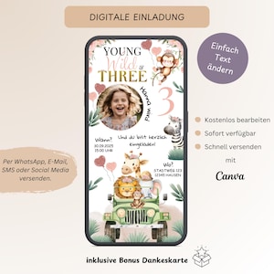 Kinderverjaardagsuitnodiging Young Wild & Three, aanpasbare digitale uitnodigingskaart 3e verjaardag WhatsApp meisje roze, sjabloon Canva