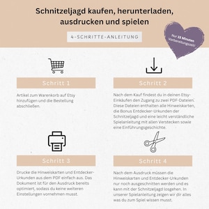 K&ouml;nnte beinhalten: Eine Anleitung f&uuml;r eine Schnitzeljagd mit dem Text "Kaufen, herunterladen, ausdrucken und spielen". Die Schritte sind mit Symbolen dargestellt: Einkaufswagen, Download-Pfeil, Drucker und Schere. Ein lila Herz sagt "Nur 15 Minuten Vorbereitungszeit!"