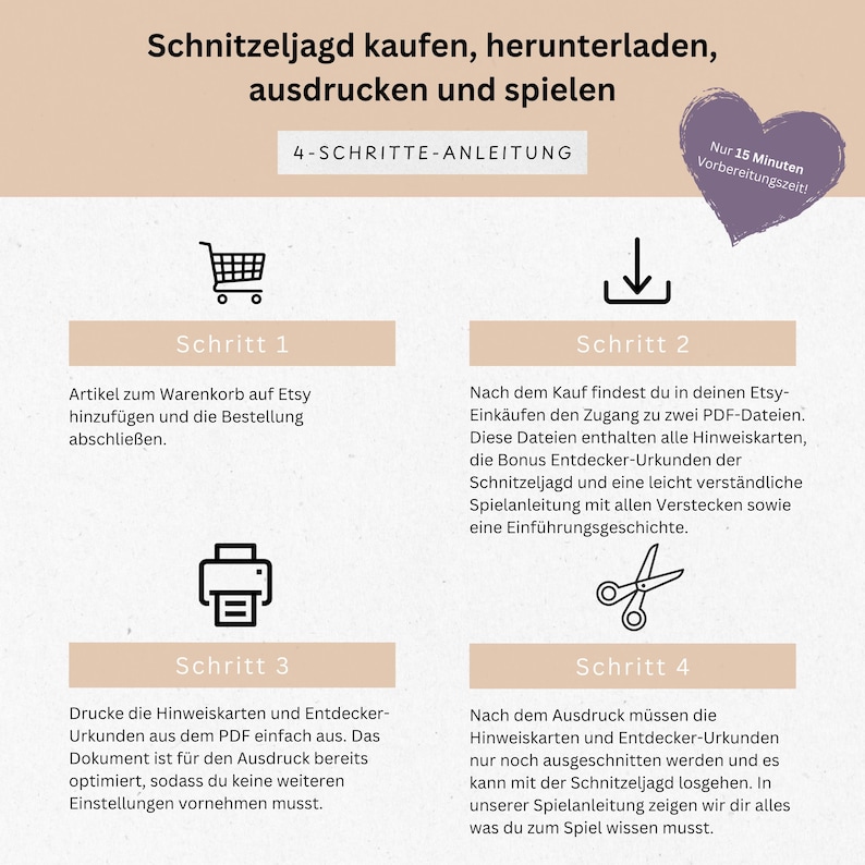 K&ouml;nnte beinhalten: Eine Anleitung f&uuml;r eine Schnitzeljagd mit dem Text "Kaufen, herunterladen, ausdrucken und spielen". Die Schritte sind mit Symbolen dargestellt: Einkaufswagen, Download-Pfeil, Drucker und Schere. Ein lila Herz sagt "Nur 15 Minuten Vorbereitungszeit!"