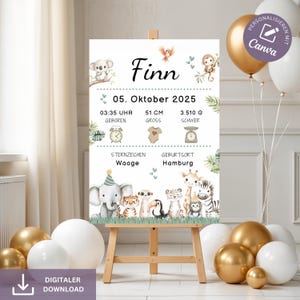 Póster de nacimiento de animales, tablero de nacimiento de bebé, póster de nacimiento personalizado, póster con nombre para habitación infantil, regalo de nacimiento de niña y niño, póster de nacimiento
