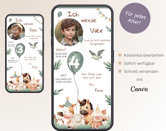 Zaproszenie na urodziny dla dzieci Animals Farm, Personalizowana cyfrowa karta zaproszeniowa ze zdjęciem, E-kartka urodzinowa WhatsApp, Szablon Canva