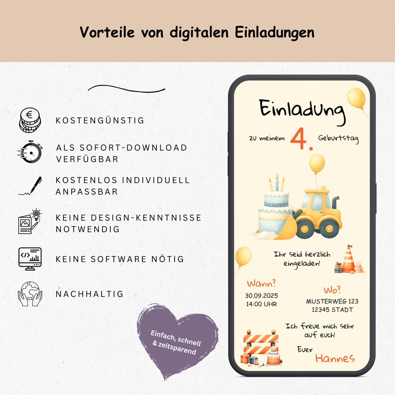 May include: A digital invitation for a 4th birthday party with a yellow construction vehicle and a birthday cake. The invitation includes the date, time, and location of the party. The text on the invitation reads "Einladung zu meinem 4. Geburtstag. Ihr seid herzlich eingeladen! Wann? 30.09.2025 14:00 Uhr. Wo? Musterweg 123 12345 Stadt. Ich freue mich sehr auf euch! Ever Hannes."