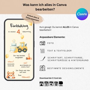 May include: A colorful invitation for a 4th birthday party featuring a cartoon construction vehicle with a cake on the back. The invitation includes the text "Einladung" (German for invitation), "Zu meinem 4. Geburtstag" (German for "To my 4th birthday"), "Wann?" (German for "When?"), "30.09.2025 14:00 UHR" (German for "September 30, 2025, 2:00 PM"), "Wo?" (German for "Where?"), "MUSTERWEG 123 12345 STADT" (German for "Sample Road 123, 12345 City"), "Ihr seid herzlich eingeladen!" (German for "You are cordially invited!"), "Ich freue mich sehr auf euch!" (German for "I am very much looking forward to seeing you!"), "Ever Hannes" (German for "Ever Hannes").