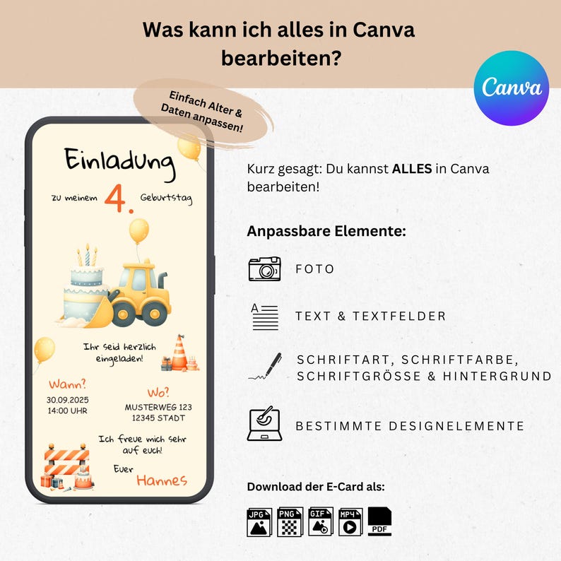 May include: A colorful invitation for a 4th birthday party featuring a cartoon construction vehicle with a cake on the back. The invitation includes the text "Einladung" (German for invitation), "Zu meinem 4. Geburtstag" (German for "To my 4th birthday"), "Wann?" (German for "When?"), "30.09.2025 14:00 UHR" (German for "September 30, 2025, 2:00 PM"), "Wo?" (German for "Where?"), "MUSTERWEG 123 12345 STADT" (German for "Sample Road 123, 12345 City"), "Ihr seid herzlich eingeladen!" (German for "You are cordially invited!"), "Ich freue mich sehr auf euch!" (German for "I am very much looking forward to seeing you!"), "Ever Hannes" (German for "Ever Hannes").