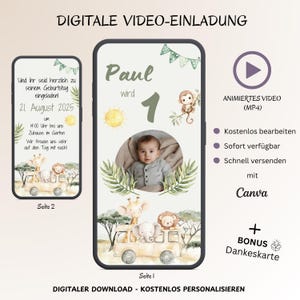 Digitale Einladung Kindergeburtstag 1. Geburtstag animiert, Personalisierbare Einladungskarte WhatsApp Dschungel Safari Party, Vorlage Canva