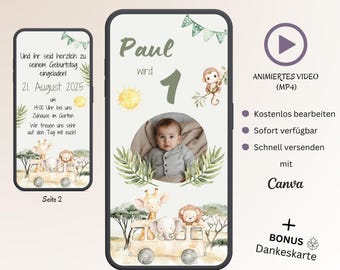 Animated digital invitation for a 1st birthday party, customizable invitation card for WhatsApp, jungle safari party, Canva template