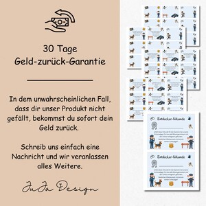 K&ouml;nnte beinhalten: Eine Sammlung von bedruckten Karten mit Illustrationen eines Hundes, eines Polizisten und eines Autos. Die Karten enthalten deutschen Text, darunter "30 Tage Geld-zur&uuml;ck-Garantie" und "Entdecker-Urkunde". Das Design beinhaltet ein Logo und den Text "Ju Ja Design".