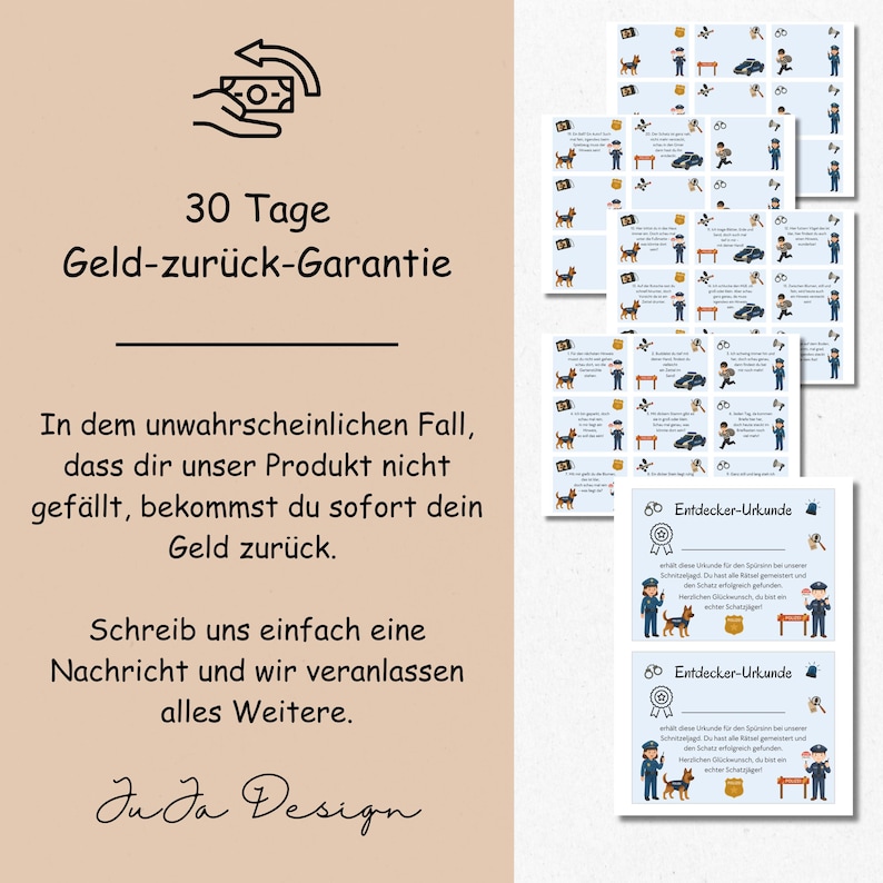 K&ouml;nnte beinhalten: Eine Sammlung von bedruckten Karten mit Illustrationen eines Hundes, eines Polizisten und eines Autos. Die Karten enthalten deutschen Text, darunter "30 Tage Geld-zur&uuml;ck-Garantie" und "Entdecker-Urkunde". Das Design beinhaltet ein Logo und den Text "Ju Ja Design".