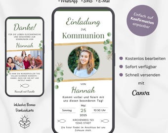 May include: A digital invitation for a Communion celebration. The invitation features a photo of a young woman, a green and gold design, and the text "Einladung zur Kommunion" (Invitation to Communion).