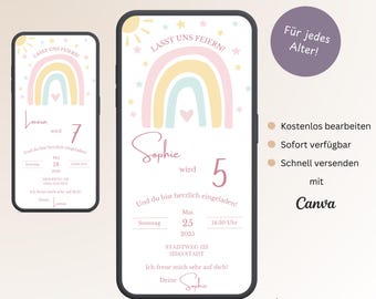 Invitación digital arcoiris cumpleaños infantil, tarjeta de invitación personalizable niñas pastel, e-card cumpleaños WhatsApp, plantilla Canva
