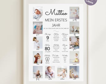 Milestone board 1st birthday with photos, baby birthday poster girl boy, decoration children's birthday baby poster milestones template Canva