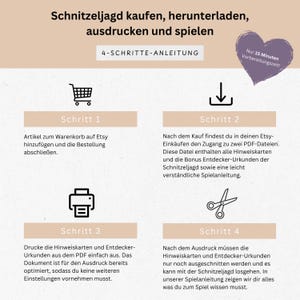 May include: A four-step guide on how to buy, download, print, and play a scavenger hunt game. The steps are illustrated with icons of a shopping cart, a download arrow, a printer, and a pair of scissors. The text includes the phrase "Nur 15 Minuten Vorbereitungszeit!" which translates to "Only 15 minutes preparation time!"