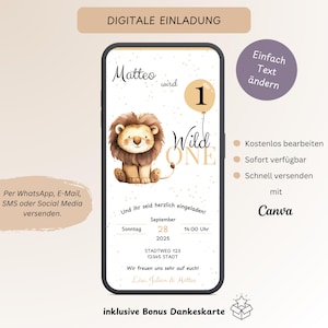 Wild One Invitation Children's Birthday, Personalizable Digital Invitation Card 1st Birthday Boy, E-Card WhatsApp Lion, Template Canva