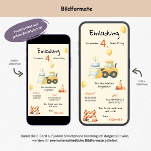 May include: A digital invitation for a 4th birthday party with a yellow construction vehicle and a blue and white cake. The invitation includes the text "Einladung zu meinem 4. Geburtstag" and the date and time of the party. The invitation is designed to be viewed on a smartphone.