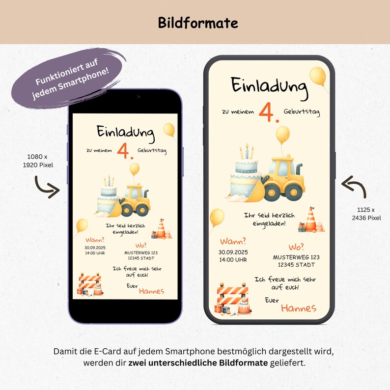 May include: A digital invitation for a 4th birthday party with a yellow construction vehicle and a blue and white cake. The invitation includes the text "Einladung zu meinem 4. Geburtstag" and the date and time of the party. The invitation is designed to be viewed on a smartphone.