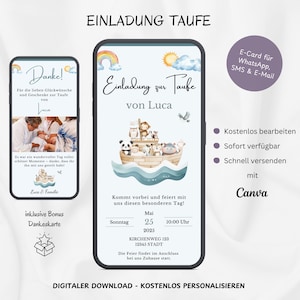 Digitale uitnodiging doop Ark van Noach, personaliseerbare uitnodigingskaart doop regenboog, e-card doop uitnodiging WhatsApp baby, sjabloon Canva