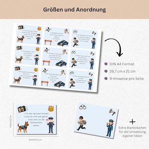 K&ouml;nnte beinhalten: Ein bedrucktes Spielblatt mit Illustrationen von Polizisten, einem Polizeiauto und einem Hund. Das Blatt enth&auml;lt Text auf Deutsch und tr&auml;gt die Bezeichnung "Gr&ouml;&szlig;en und Anordnung". Die Abmessungen betragen 29,7 cm x 21 cm.
