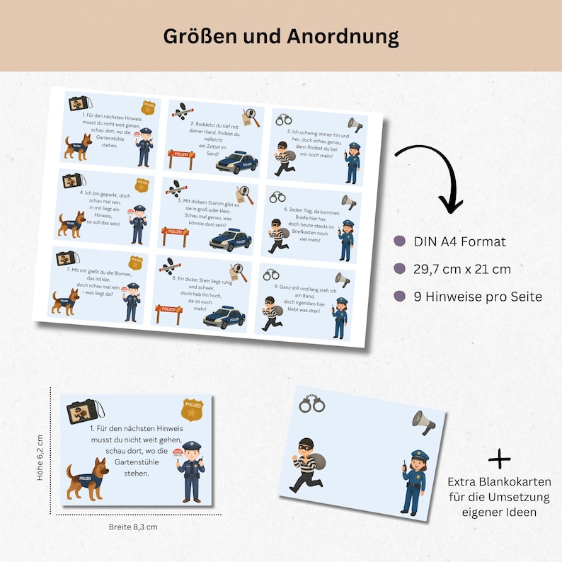 K&ouml;nnte beinhalten: Ein bedrucktes Spielblatt mit Illustrationen von Polizisten, einem Polizeiauto und einem Hund. Das Blatt enth&auml;lt Text auf Deutsch und tr&auml;gt die Bezeichnung "Gr&ouml;&szlig;en und Anordnung". Die Abmessungen betragen 29,7 cm x 21 cm.
