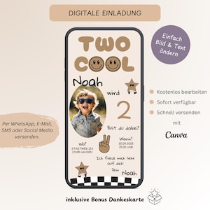 Uitnodiging voor kinderverjaardag Two Cool met foto, aanpasbare digitale uitnodigingskaart voor 2e jarige jongens, e-card WhatsApp-sjabloon Canva