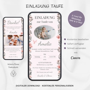 Digitale Einladung Taufe Mädchen mit Blumen & Foto, personalisierbare Taufkarte Einladung Rosa, eCard Taufeinladung WhatsApp, Vorlage Canva