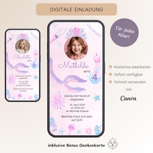 Convite de aniversário infantil sereia e foto, cartão de convite digital personalizável para meninas, cartão eletrônico de aniversário modelo WhatsApp Canva