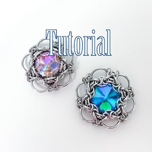 May include: Two silver chainmaille jewelry pieces with a flower design. One piece has a pink iridescent gemstone in the center, and the other has a blue iridescent gemstone in the center.