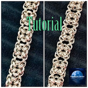 Op de afbeelding: Twee close-up beelden van een zilveren chainmaille armband. De armband is gemaakt van in elkaar grijpende metalen ringen, waardoor een gedetailleerd, gestructureerd patroon ontstaat. Het woord "Tutorial" staat in het groen over de afbeelding.