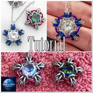 May include: A tutorial for making a star-shaped pendant with a gemstone in the center. The pendant is made with silver wire and colorful wire. The pendant is shown in four different variations with different colored wires and gemstones.