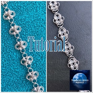 May include: A silver chainmaille bracelet with a flower pattern. The bracelet is on a blue towel and a black surface. The text "Tutorial" is in the centre of the image. The text "Shimmery Moon Maille" is in the bottom right corner of the image.