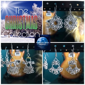 May include: A collection of silver chainmail earrings with Christmas themes. The earrings include a snowflake, an angel, and a wreath. The earrings are displayed on a black background with a guitar and a snowy landscape.