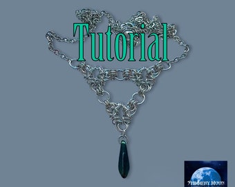 May include: A silver chainmail necklace with a teardrop-shaped pendant. The pendant is a dark green color. The necklace is in the shape of a triangle. The text "Tutorial" is written in green letters on the image.
