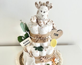 Boho neutral diaper cake, soft cuddly blanket giraffe, boy diaper cake, girl diaper cake, birth gift, optionally personalized